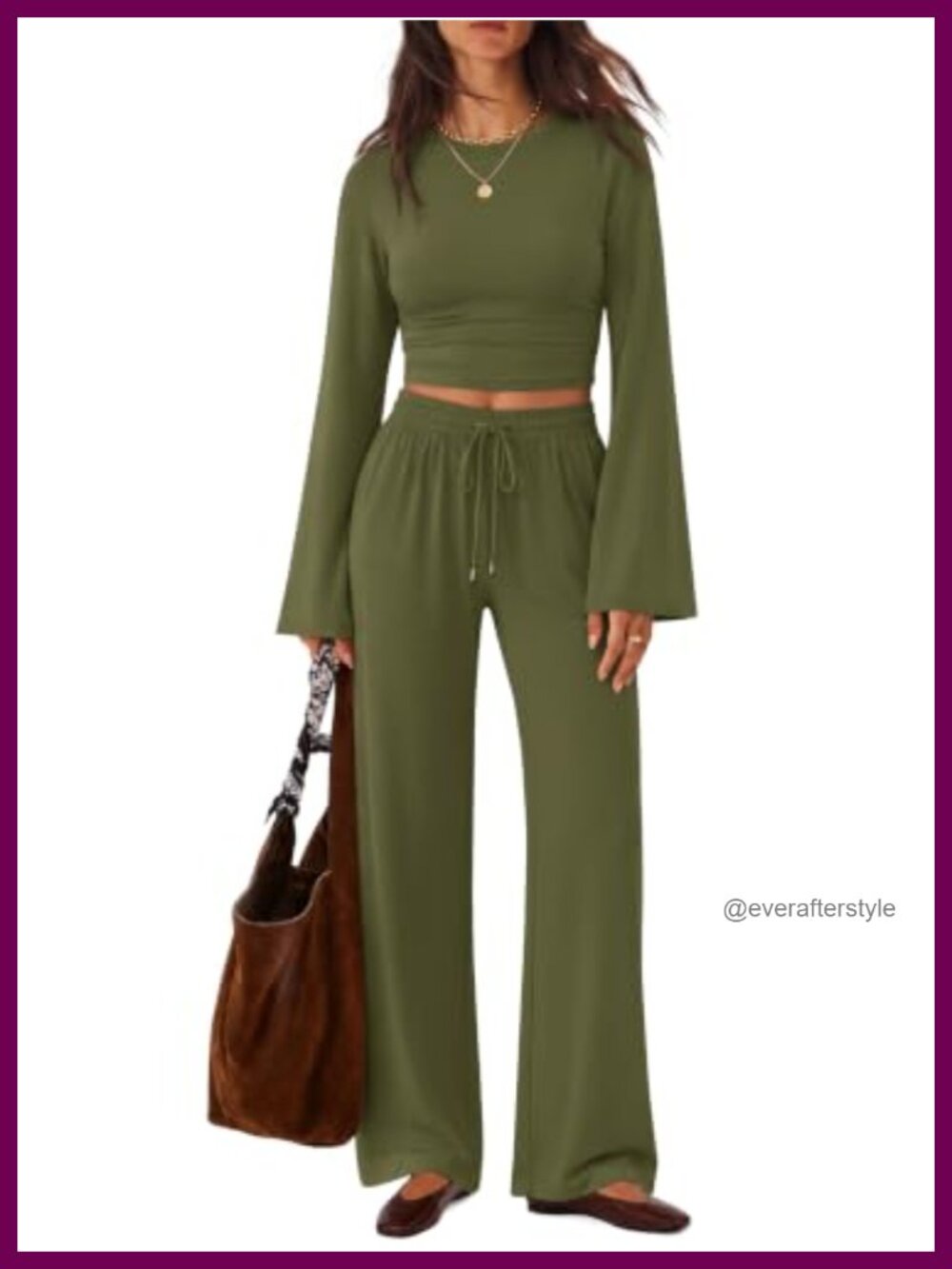 Two Piece Lounge Set Bell Sleeve Crop Top Wide Leg Pants Ruched Waist